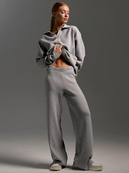 Women's gray oversized polo shirt and wide-leg pants set