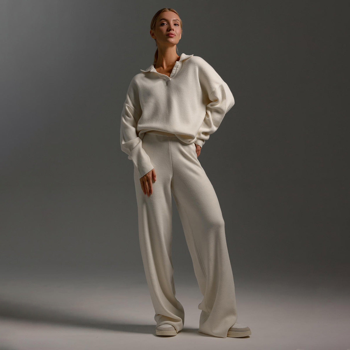 Women's blue oversized polo shirt and wide-leg pants set