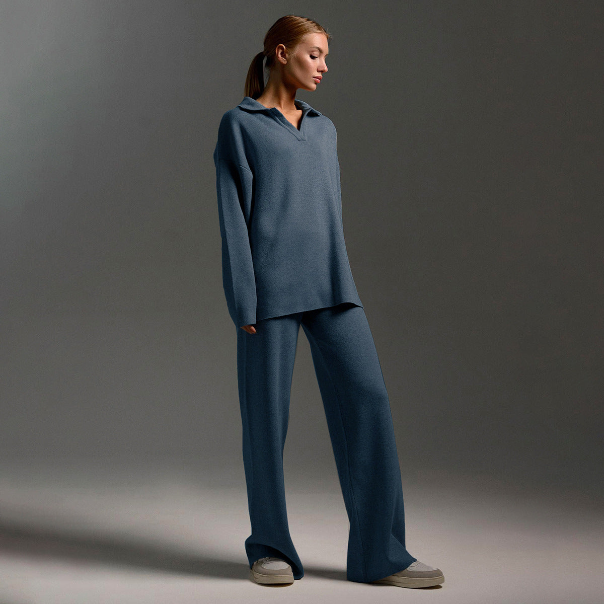 Women's taupe oversized polo shirt and wide-leg pants set