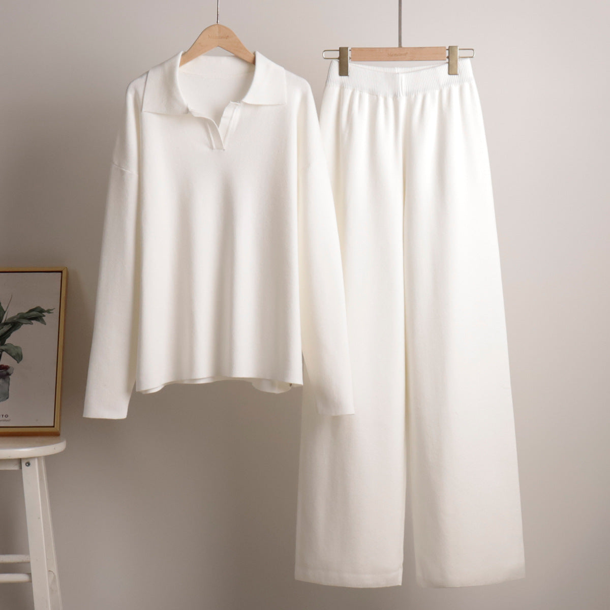 Women's white oversized polo shirt and wide-leg pants set