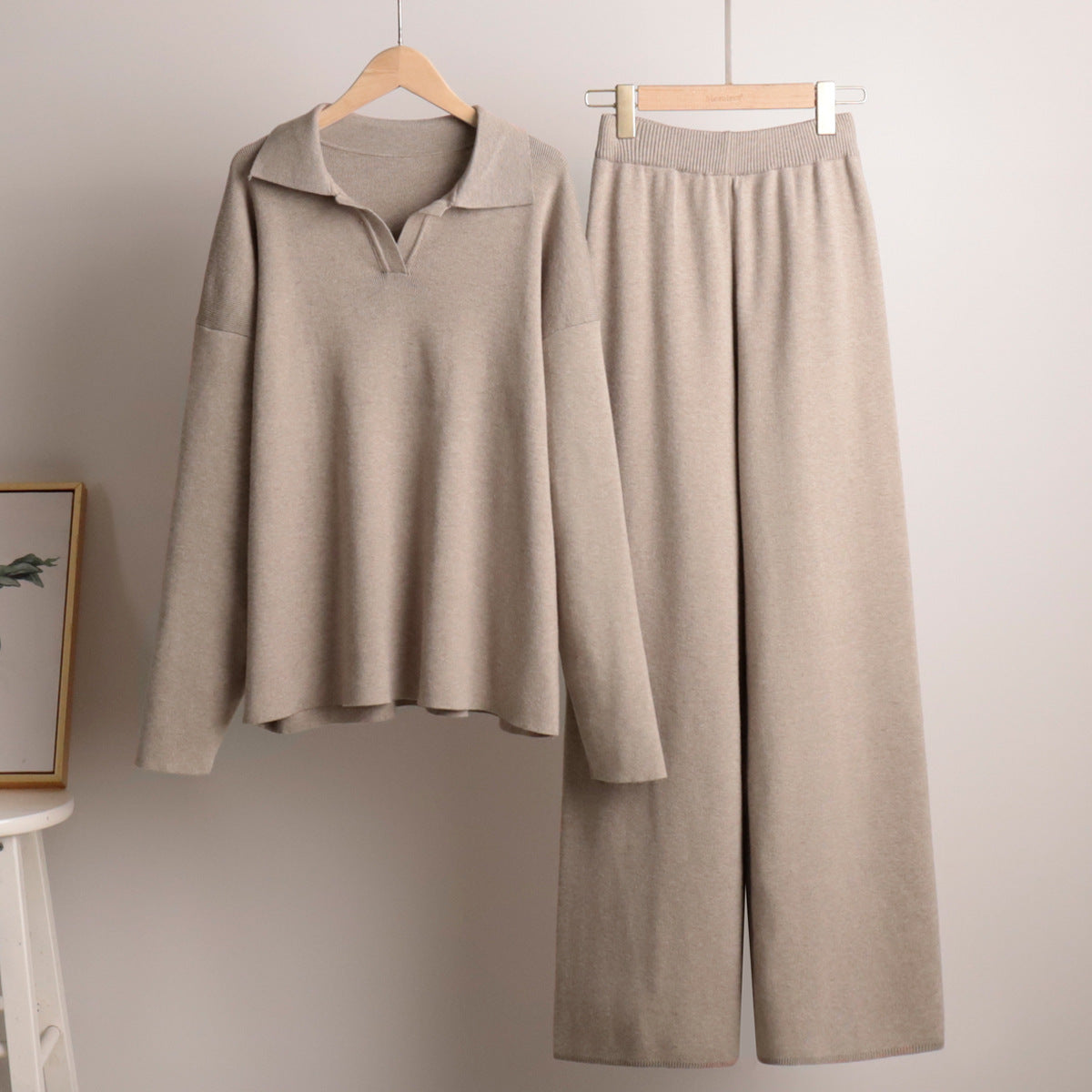 Women's white oversized polo shirt and wide-leg pants set