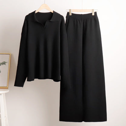 Women's black oversized polo shirt and wide-leg pants set