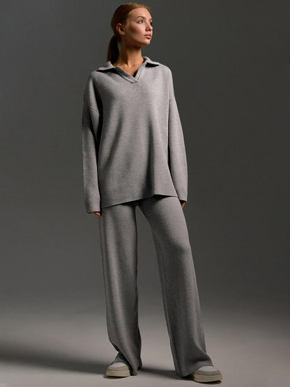 Women's black oversized polo shirt and wide-leg pants set