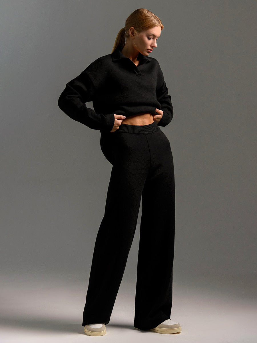 Women's gray oversized polo shirt and wide-leg pants set