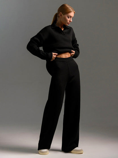 Women's gray oversized polo shirt and wide-leg pants set