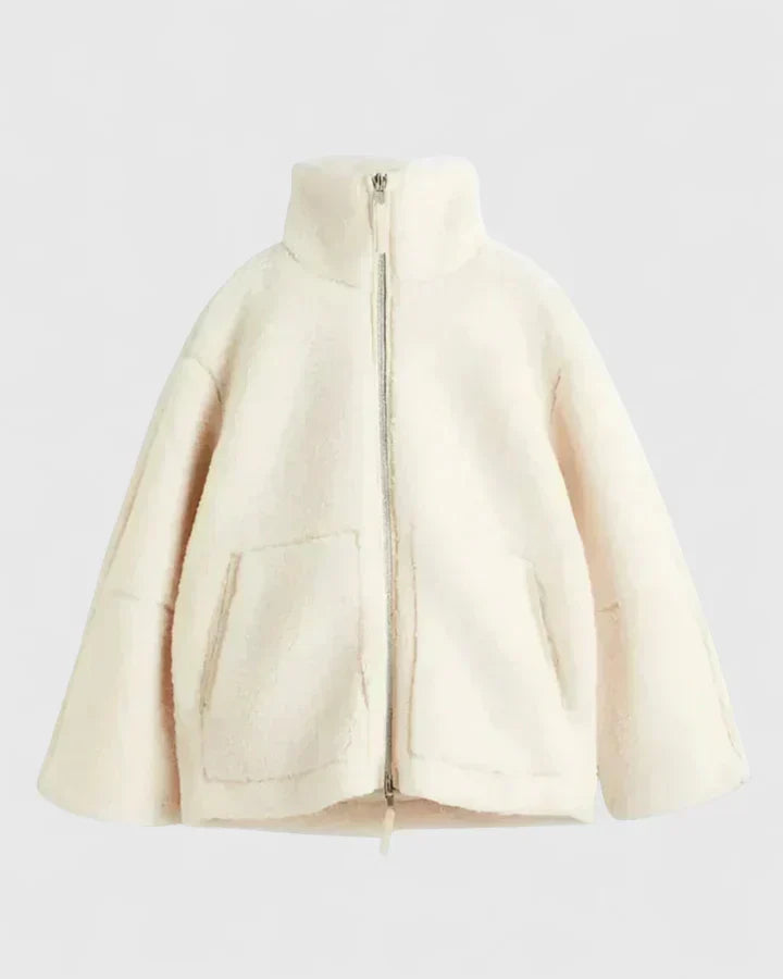 Women's cream sherpa fleece jacket with high collar