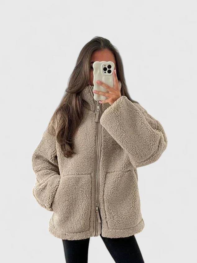 Women's sherpa fleece jacket with high collar