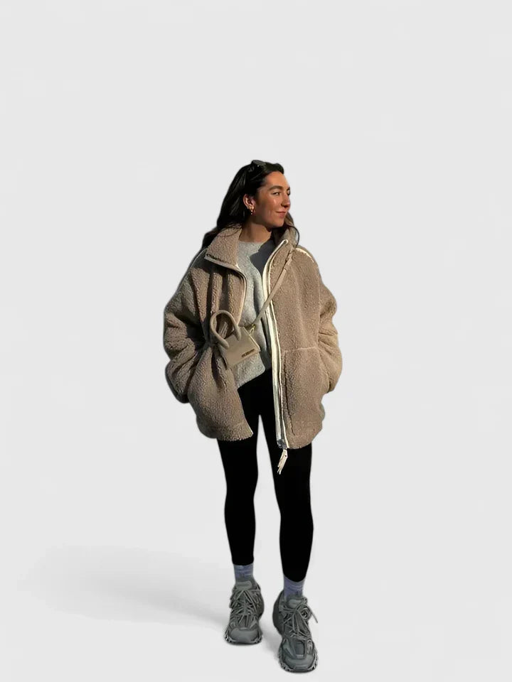 Women's sherpa fleece jacket with high collar