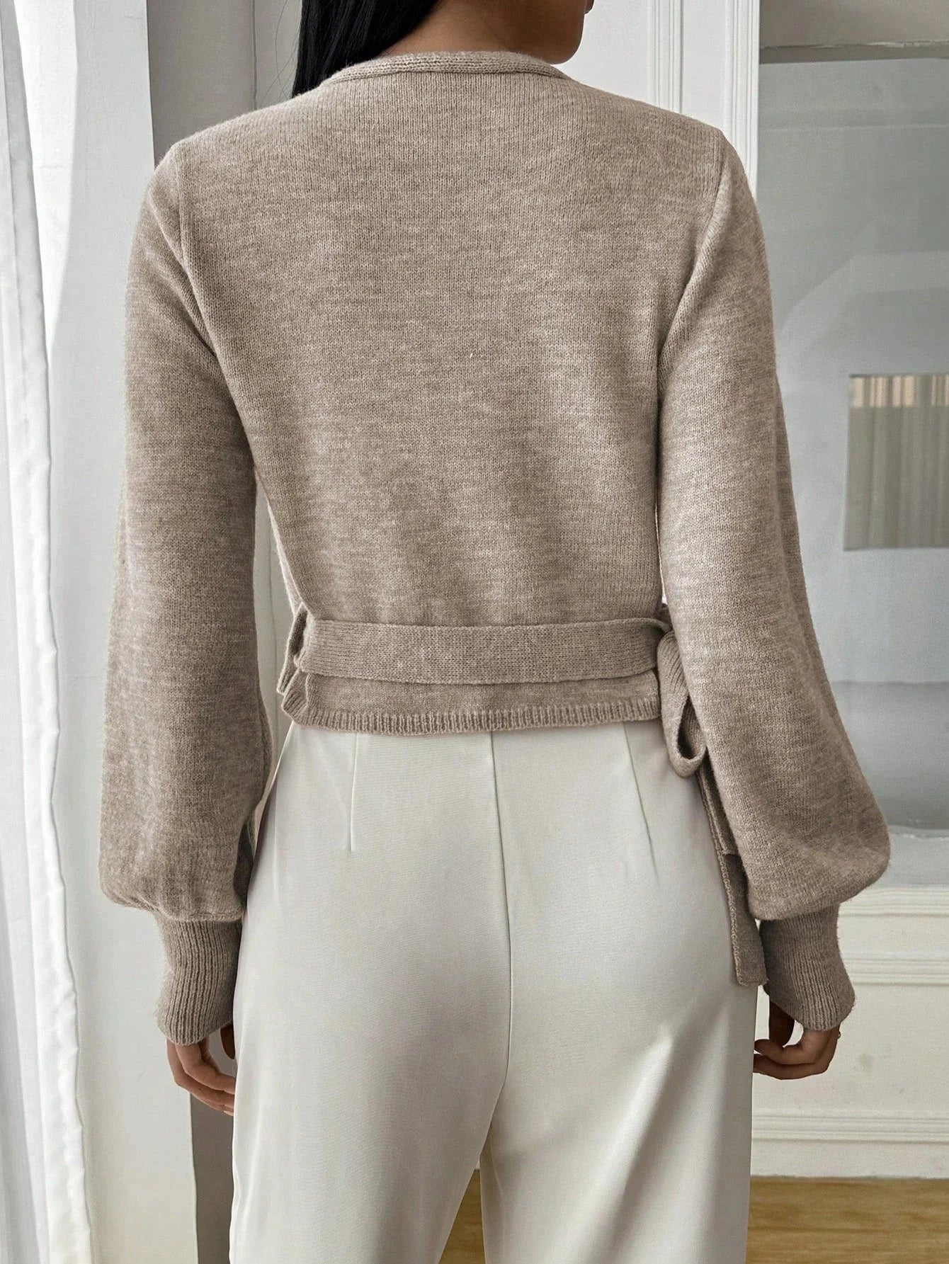 Women's wrap v-neck knit sweater in beige
