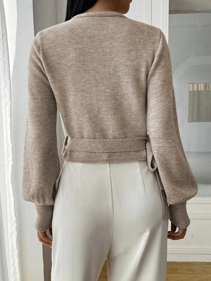 Women's wrap v-neck knit sweater in beige