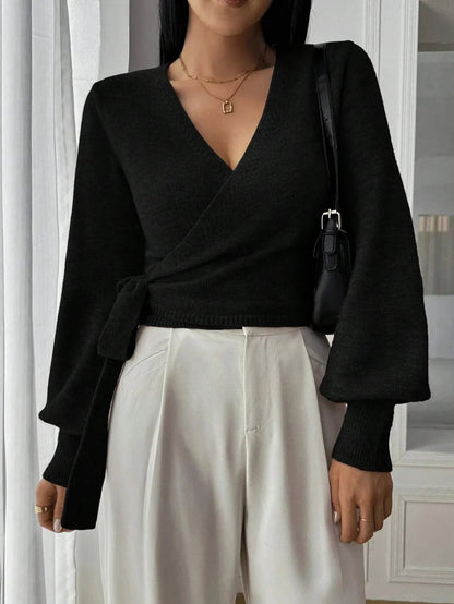 Women's wrap v-neck knit sweater in black