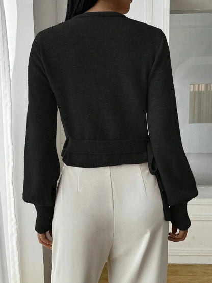 Women's wrap v-neck knit sweater in black