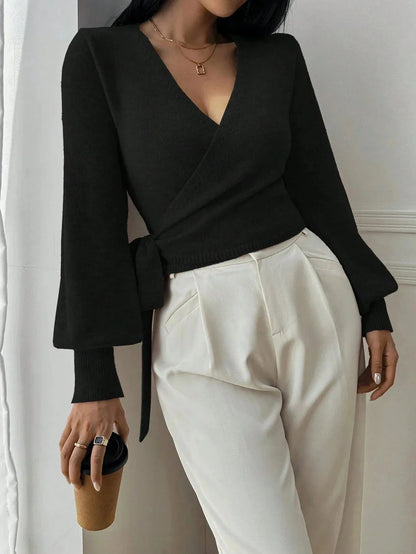 Women's wrap v-neck knit sweater in black