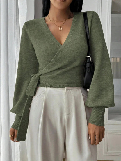 Women's wrap v-neck knit sweater in green