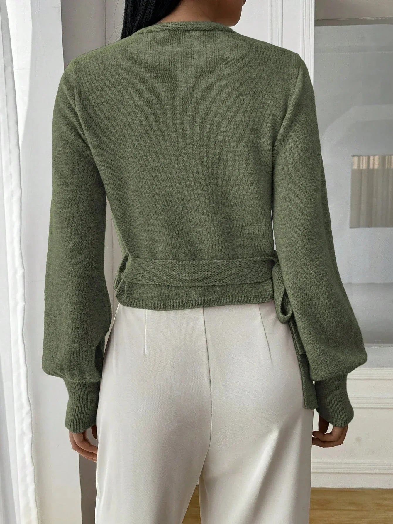 Women's wrap v-neck knit sweater in green