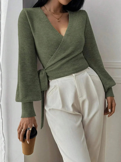 Women's wrap v-neck knit sweater in green