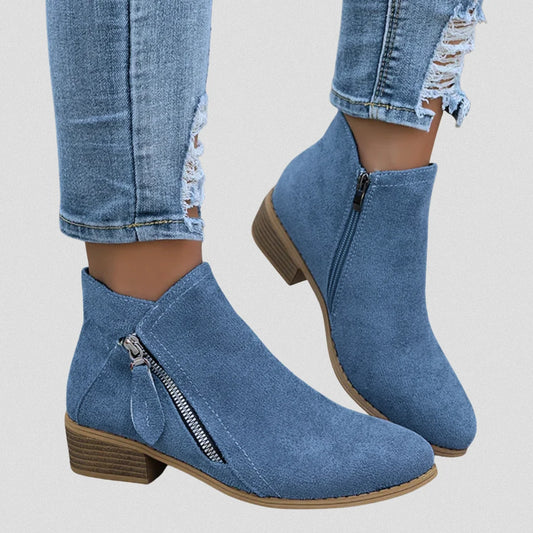 Women's blue zip ankle boots with cushioned sole