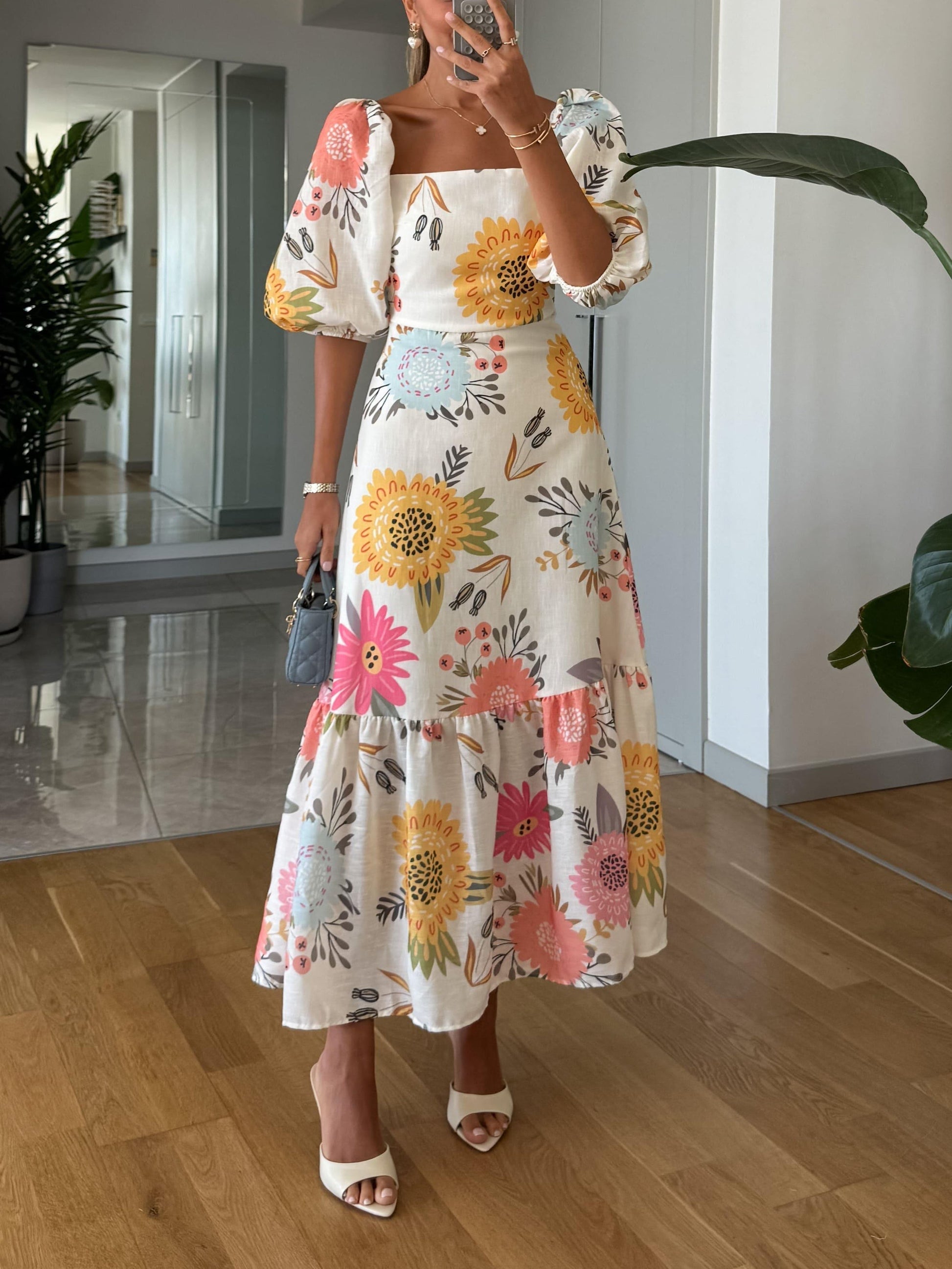 Womens Dress Floral Midi Puff Sleeve Style 0