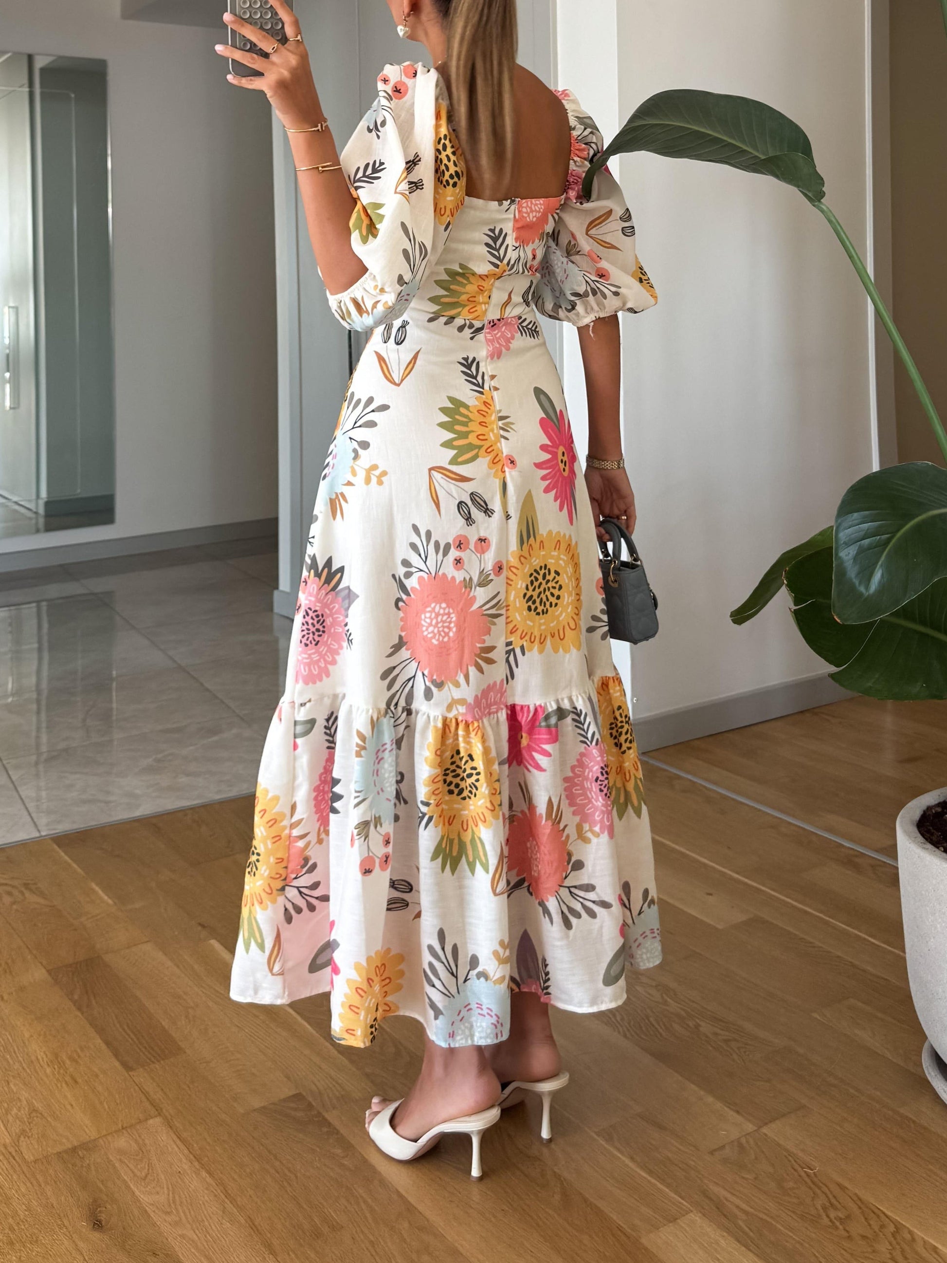 Womens Dress Floral Midi Puff Sleeve Style 1
