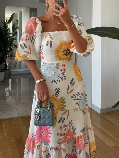 Womens Dress Floral Midi Puff Sleeve Style 2