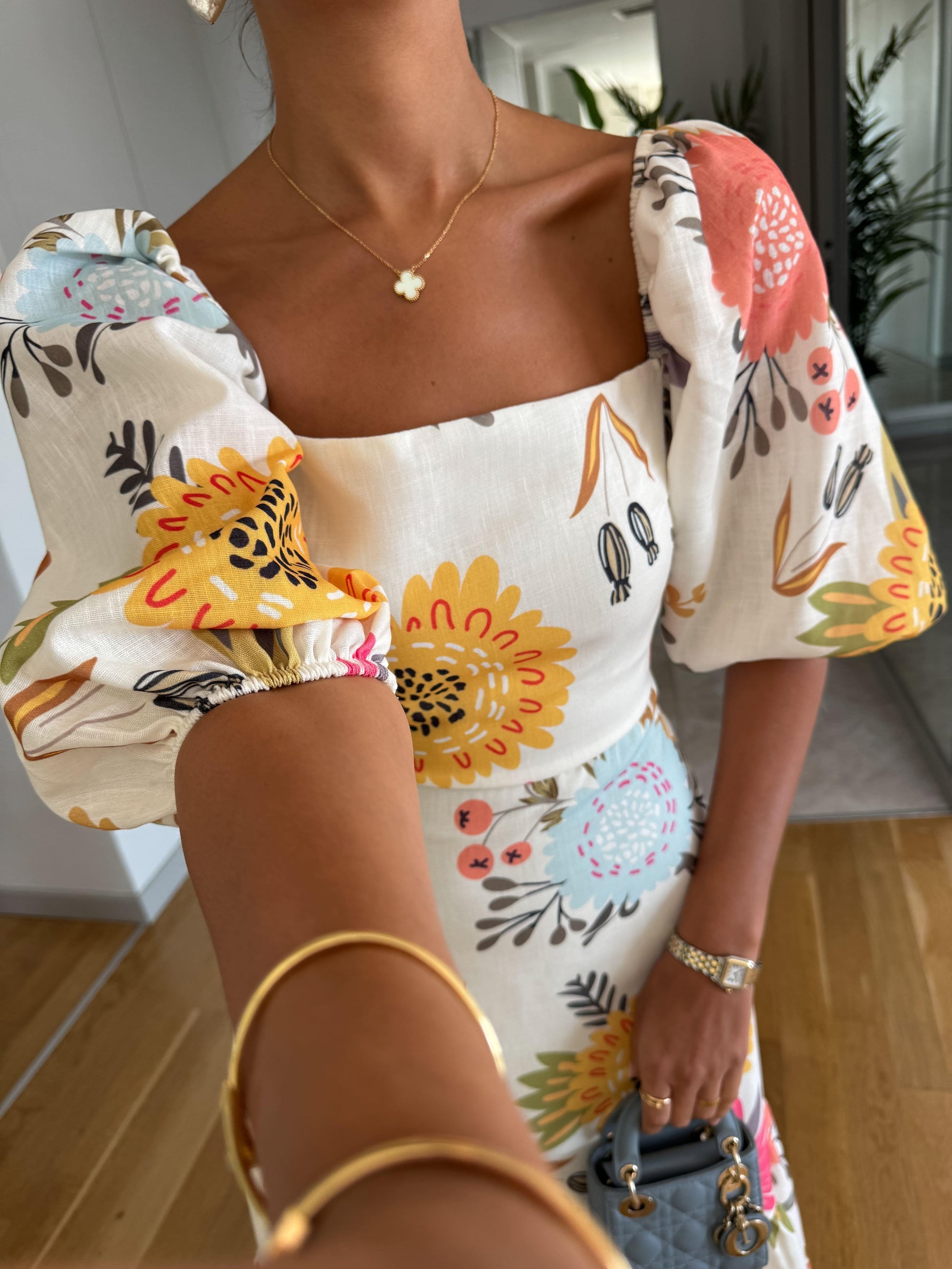 Womens Dress Floral Midi Puff Sleeve Style 3