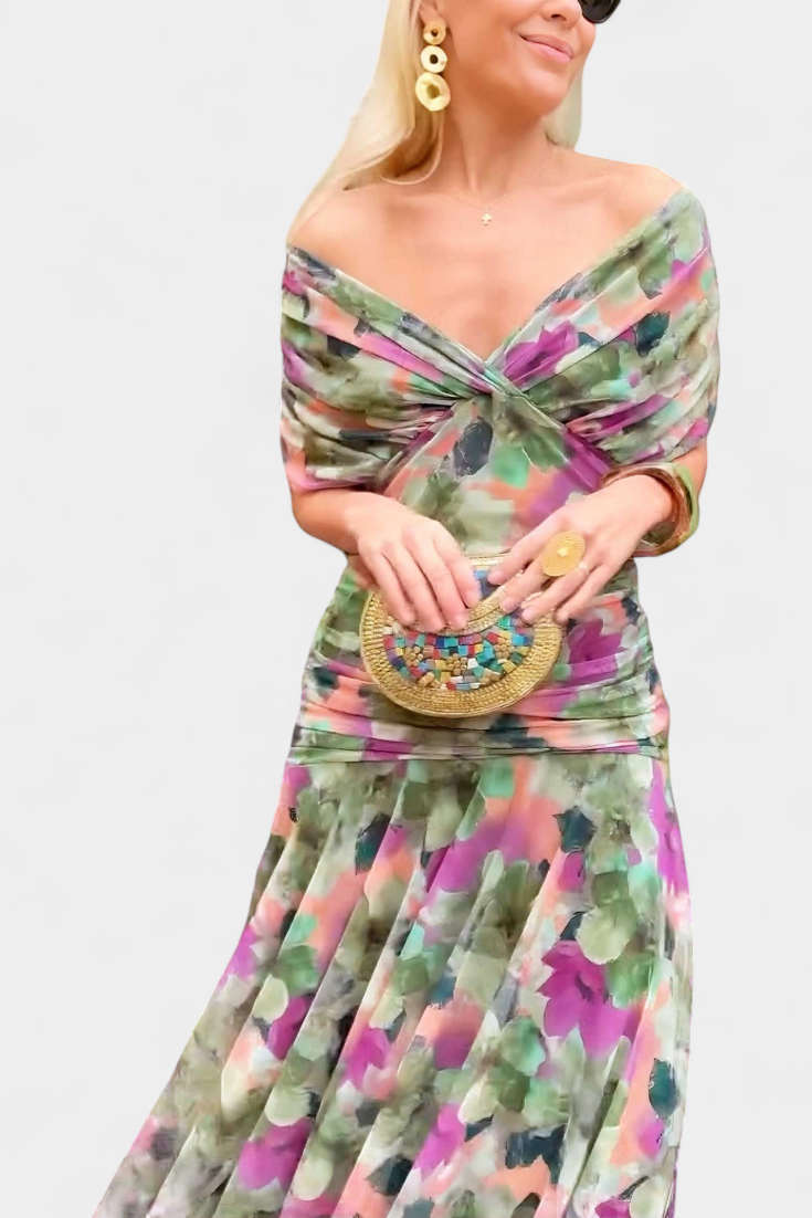 Womens Dress Floral Midi V Neck Pleated 5