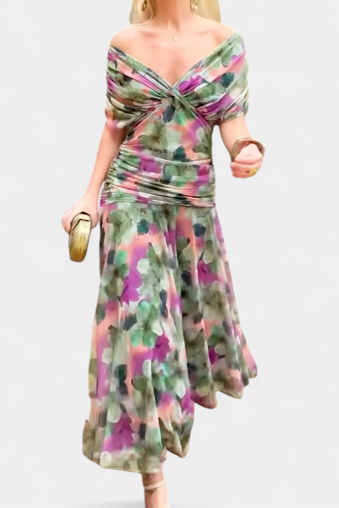 Womens Dress Floral Midi V Neck Pleated 7
