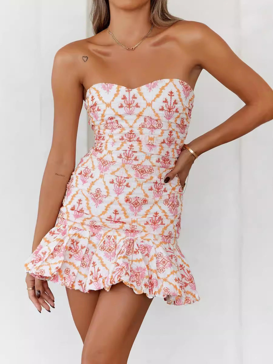 Pleated Floral Sleeveless Day Dress with Collarless Neckline – view 4
