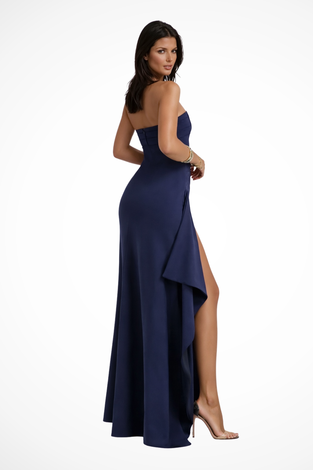 Women's black strapless maxi wedding guest dress with side slit