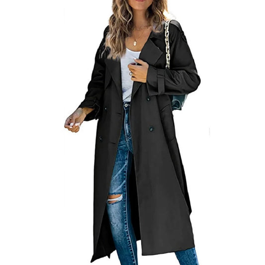 Rose long trench coat with belted waist, front view