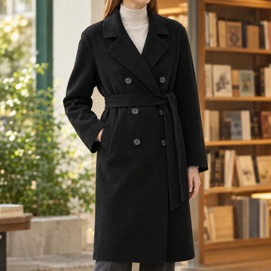 Georgia belted wool coat, front view