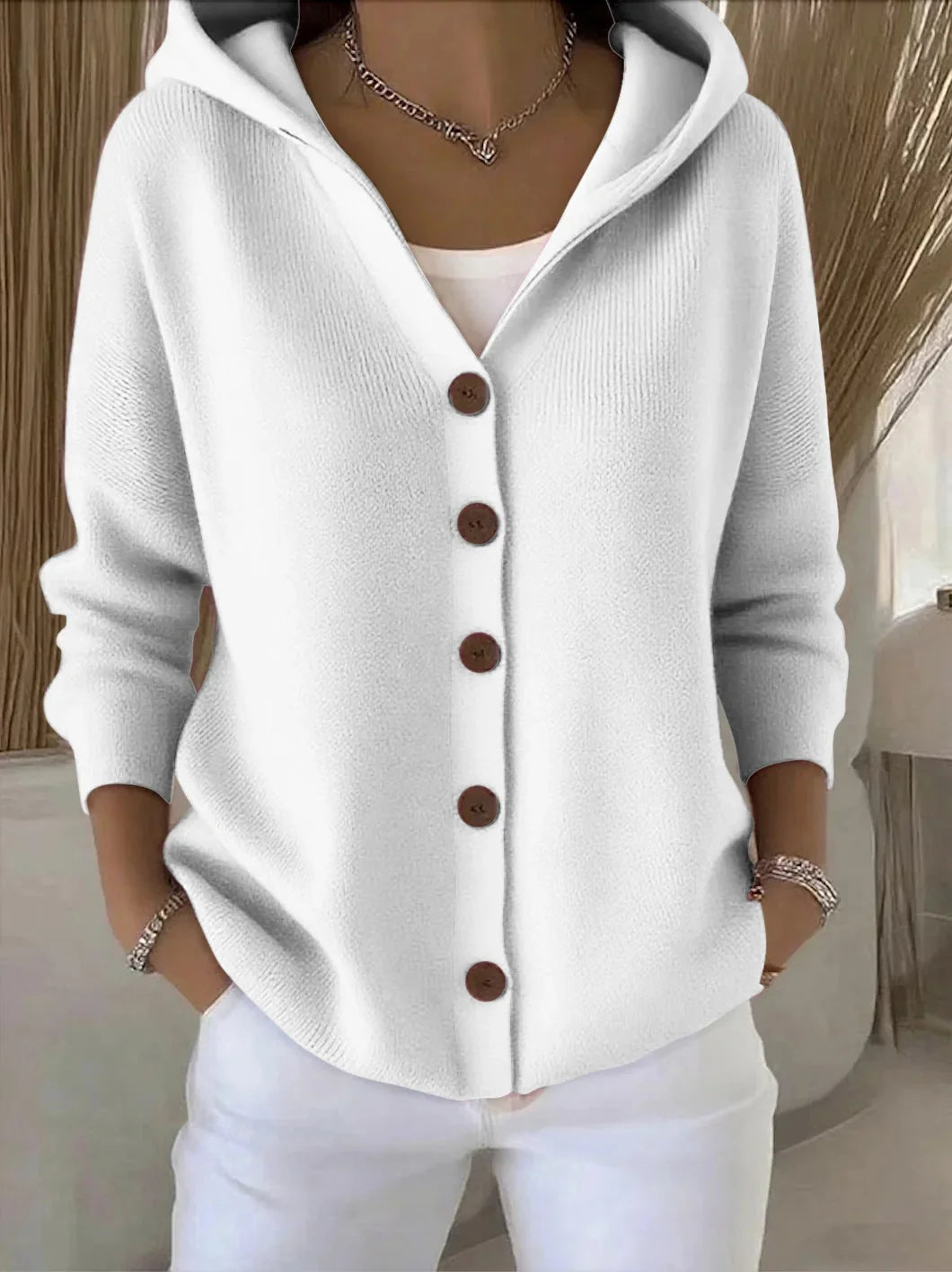 Women's white hooded cardigan with button front