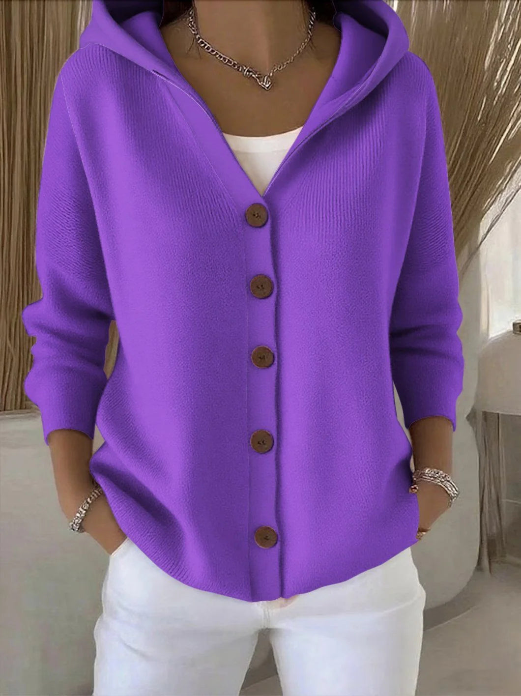 Women's purple hooded cardigan with button front