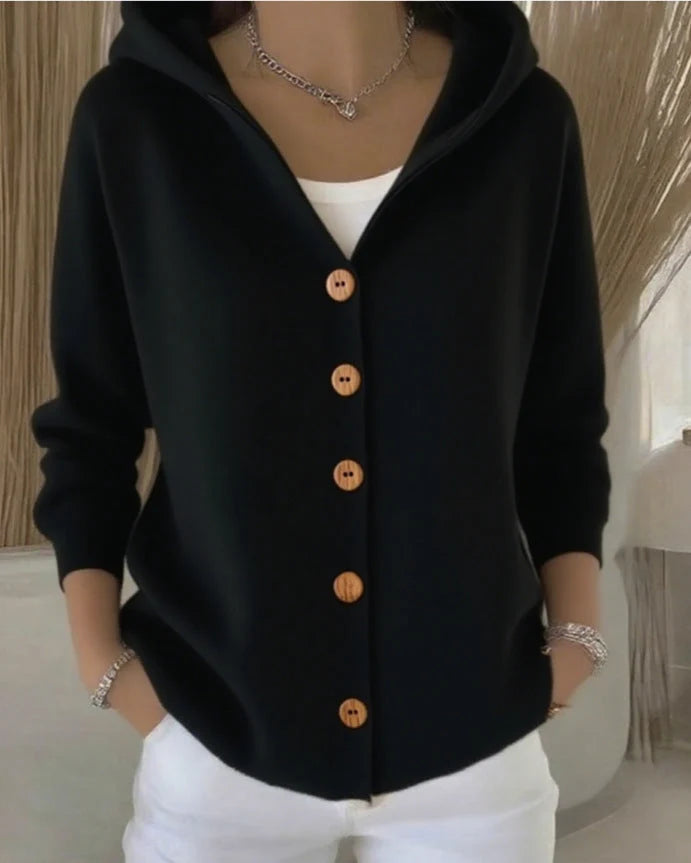 Women's black hooded cardigan with button front